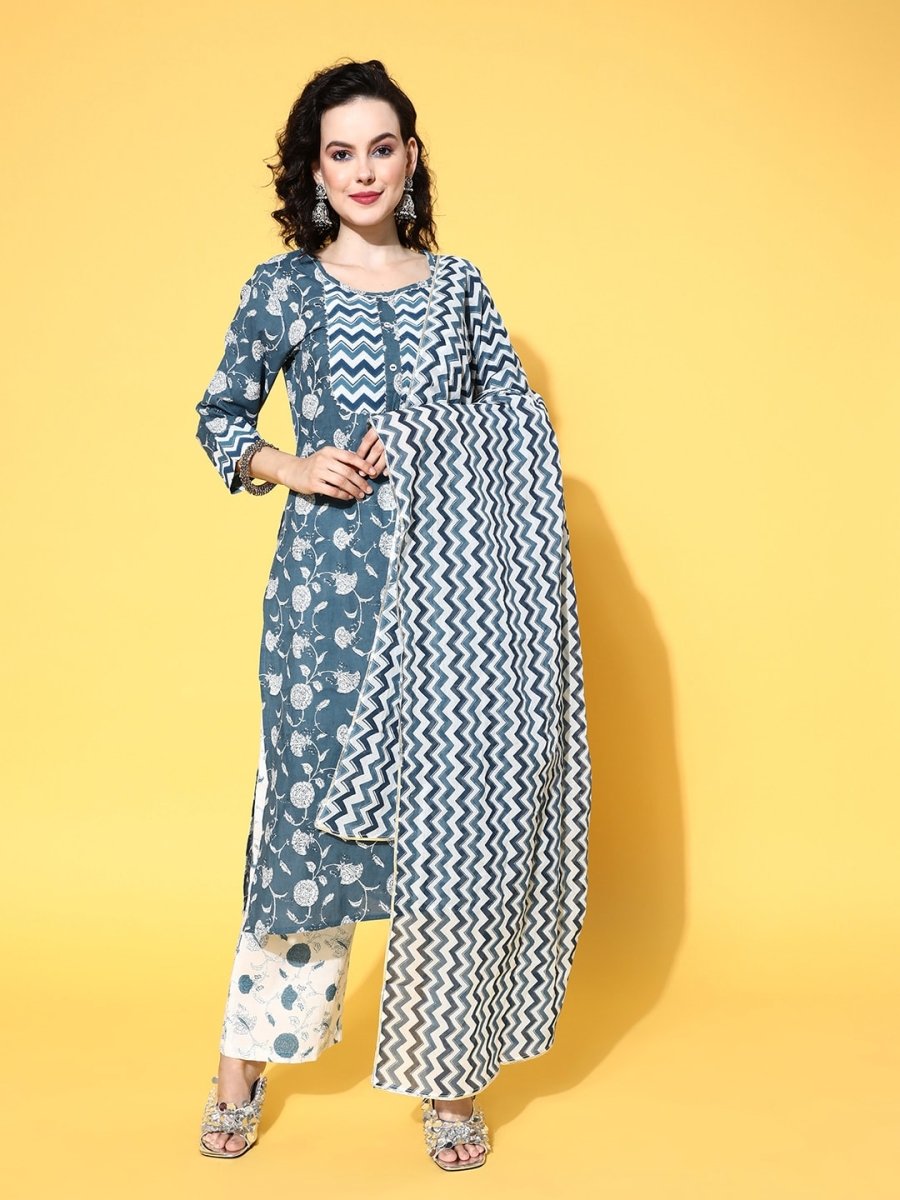 All About You Blue Floral Printed Gotta Patti Pure Cotton Kurta With Trousers & Dupatta