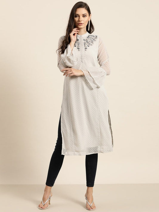 All About You Women Grey Bell Sleeves Yoke Design Thread Work Dobby Kurta