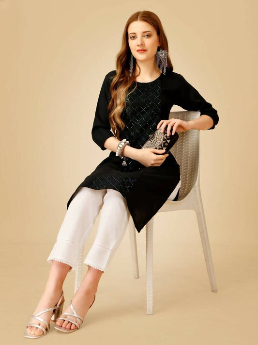 Aastha Fashion Women's Black Cotton Blend Embroidered Kurta Pant Set - Grab2buy