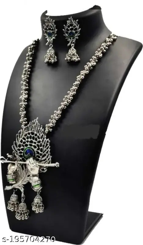 Tehzeeb Creations Women's Silver Colour Oxidised Necklace And Earring Bansuri Design Tehzeeb Creations