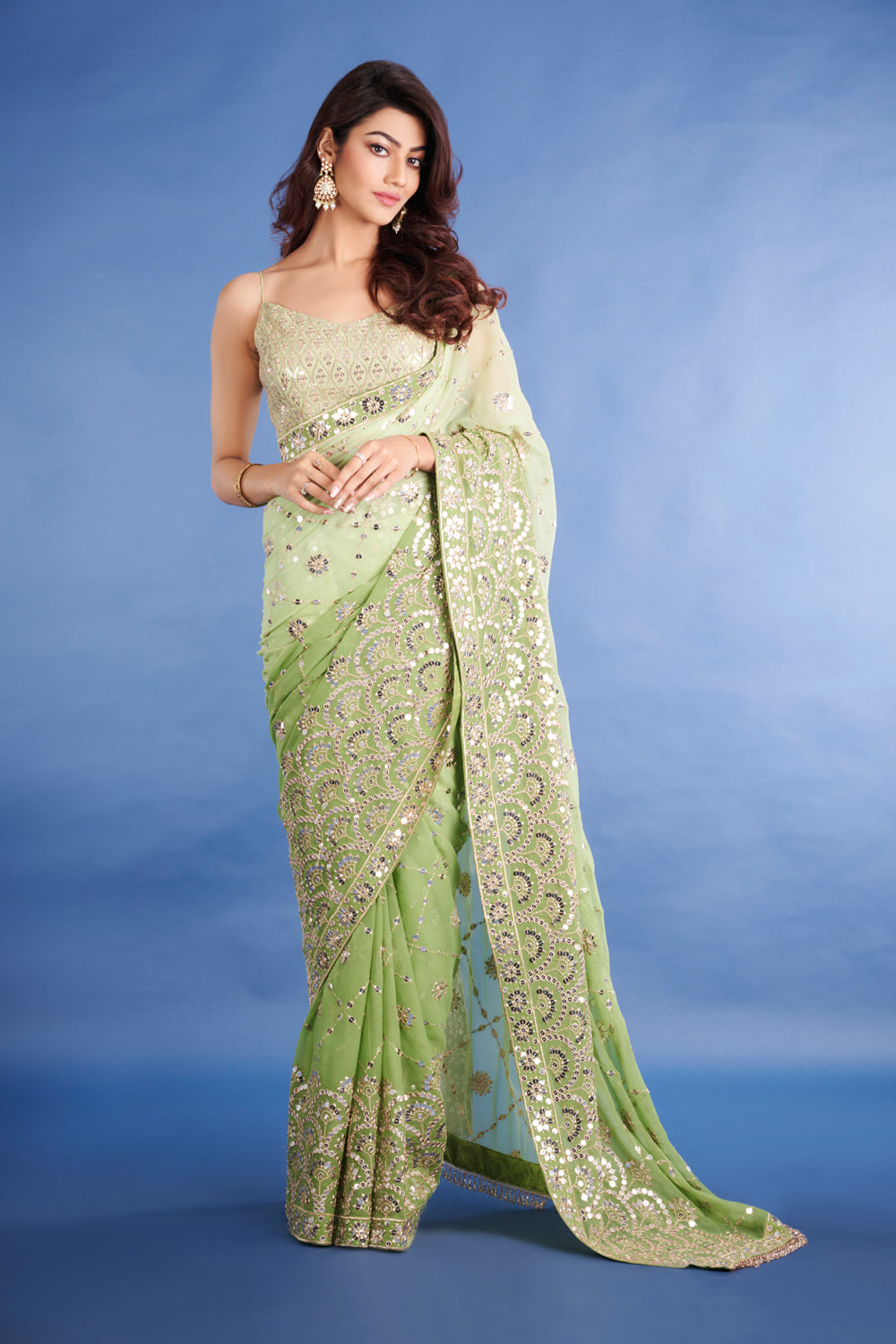 Teeya Creation Mahendi Color Georgette Embroidery Work Saree