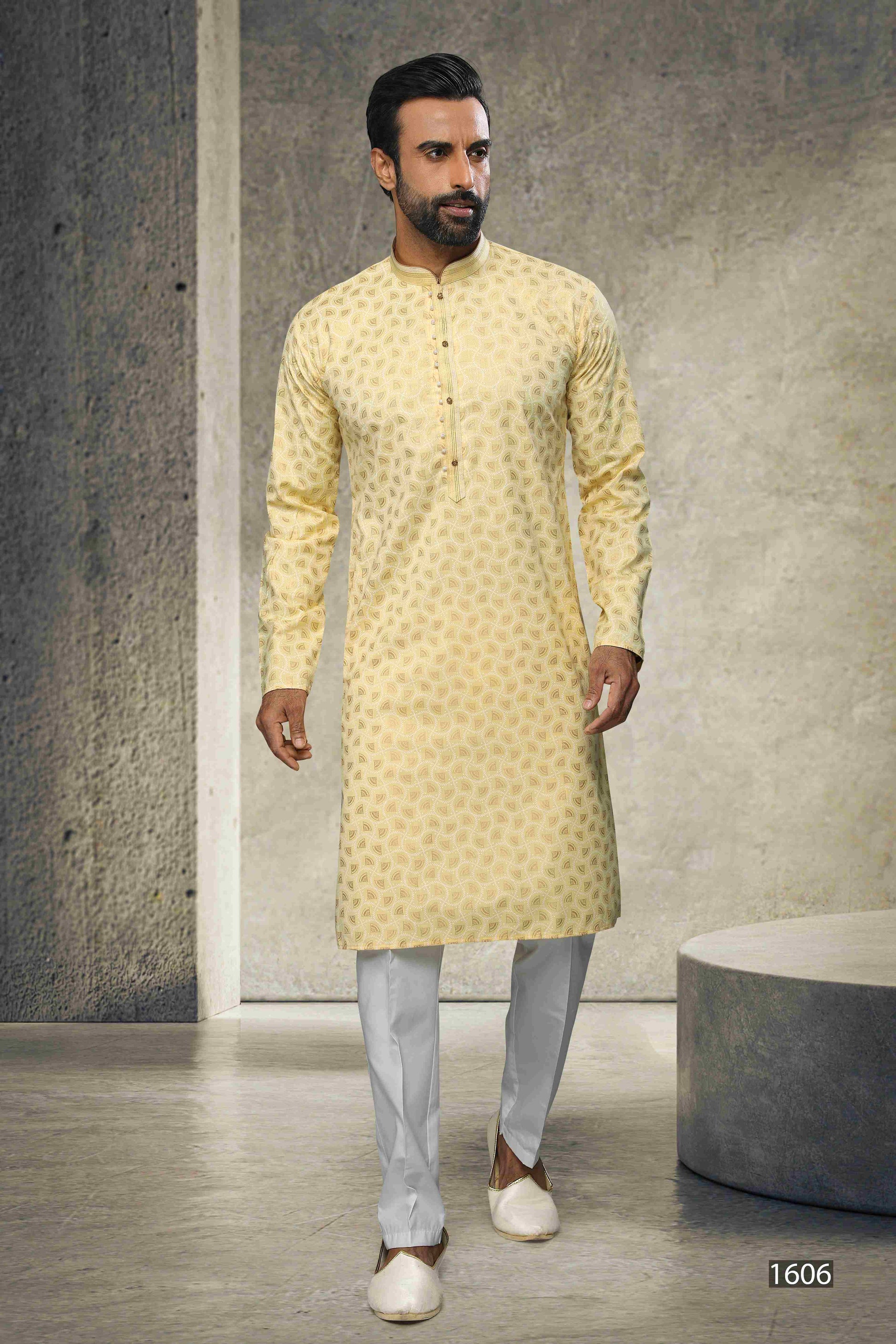 Raivat Ethnic Cotton Printed Work Kurta Pajama In Yellow Colour
