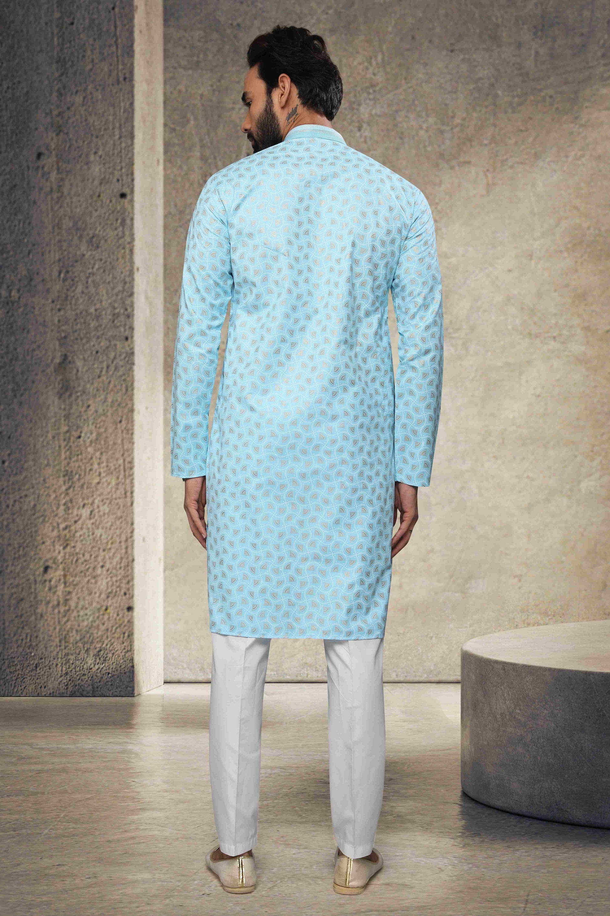 Raivat Ethnic Cotton Printed Work Kurta Pajama In Sky Blue Colour
