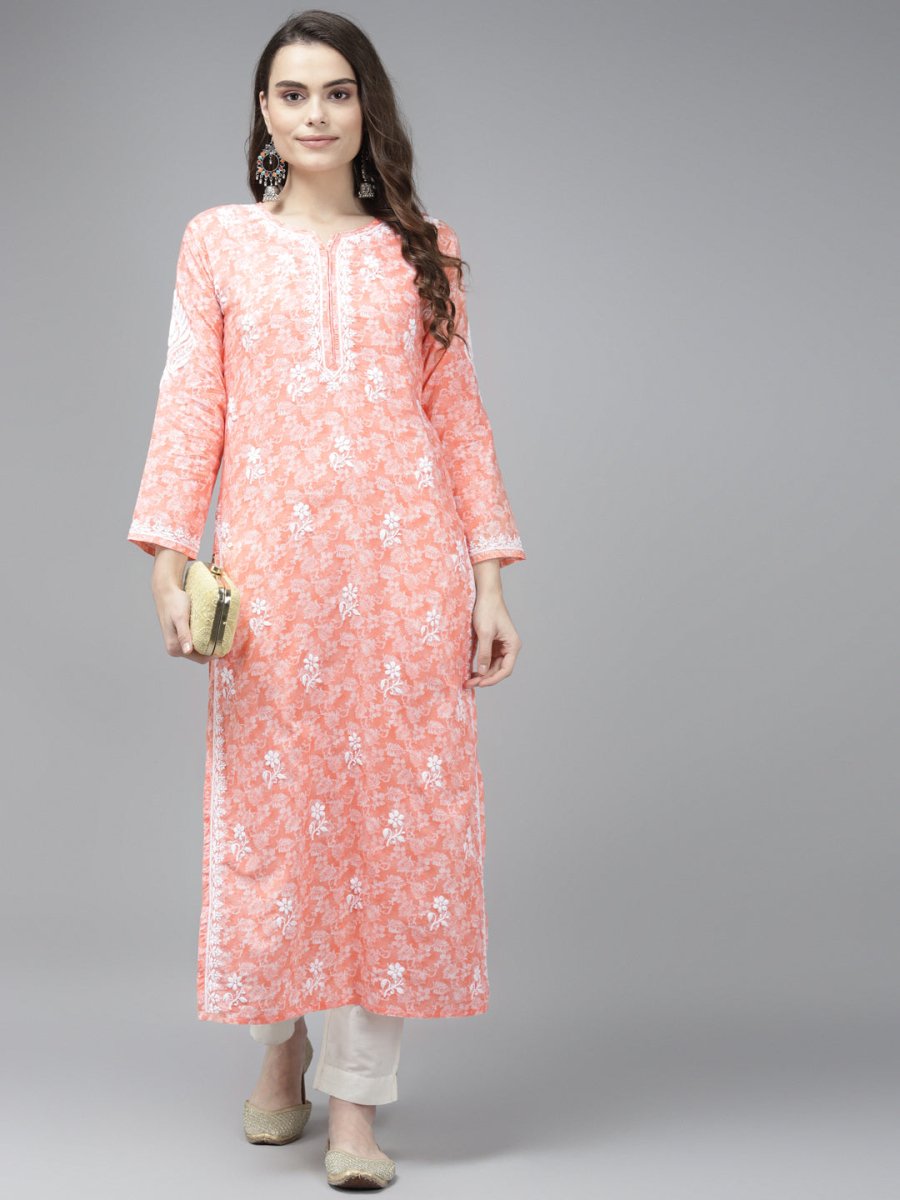 ADA Women Peach-Coloured & White Ethnic Motifs Chikankari Cotton Handloom Kurta 
