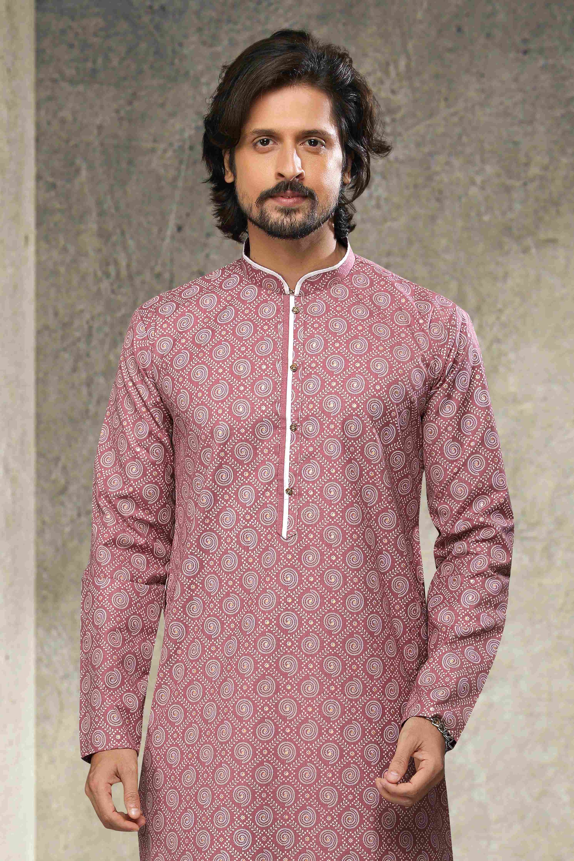 Raivat Ethnic Cotton Printed Work Kurta Pajama In Dusty Pink Colour