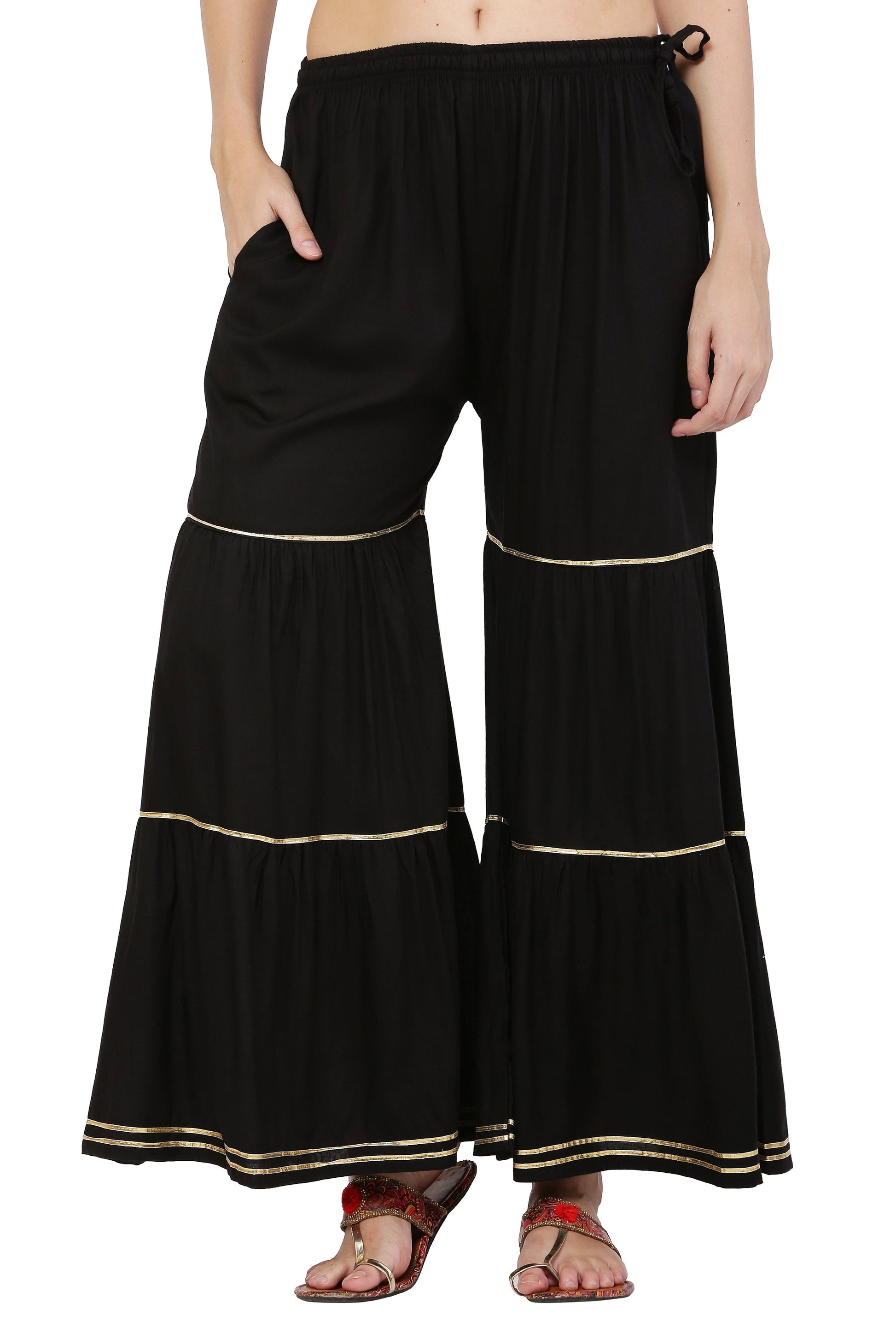PAVONINE Black Color 3-Panels Golden Gota Flared Sharara For Women