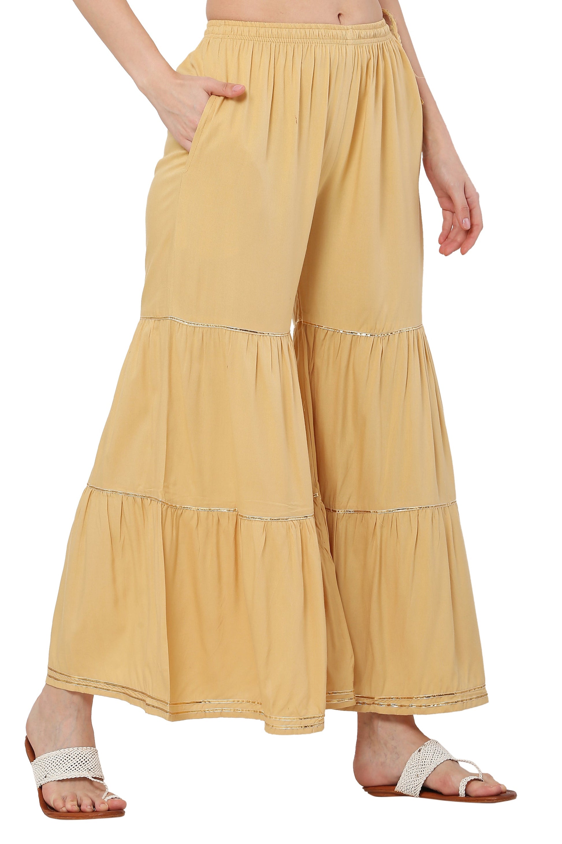 PAVONINE Beige Color 3-Panels Golden Gota Flared Sharara For Women