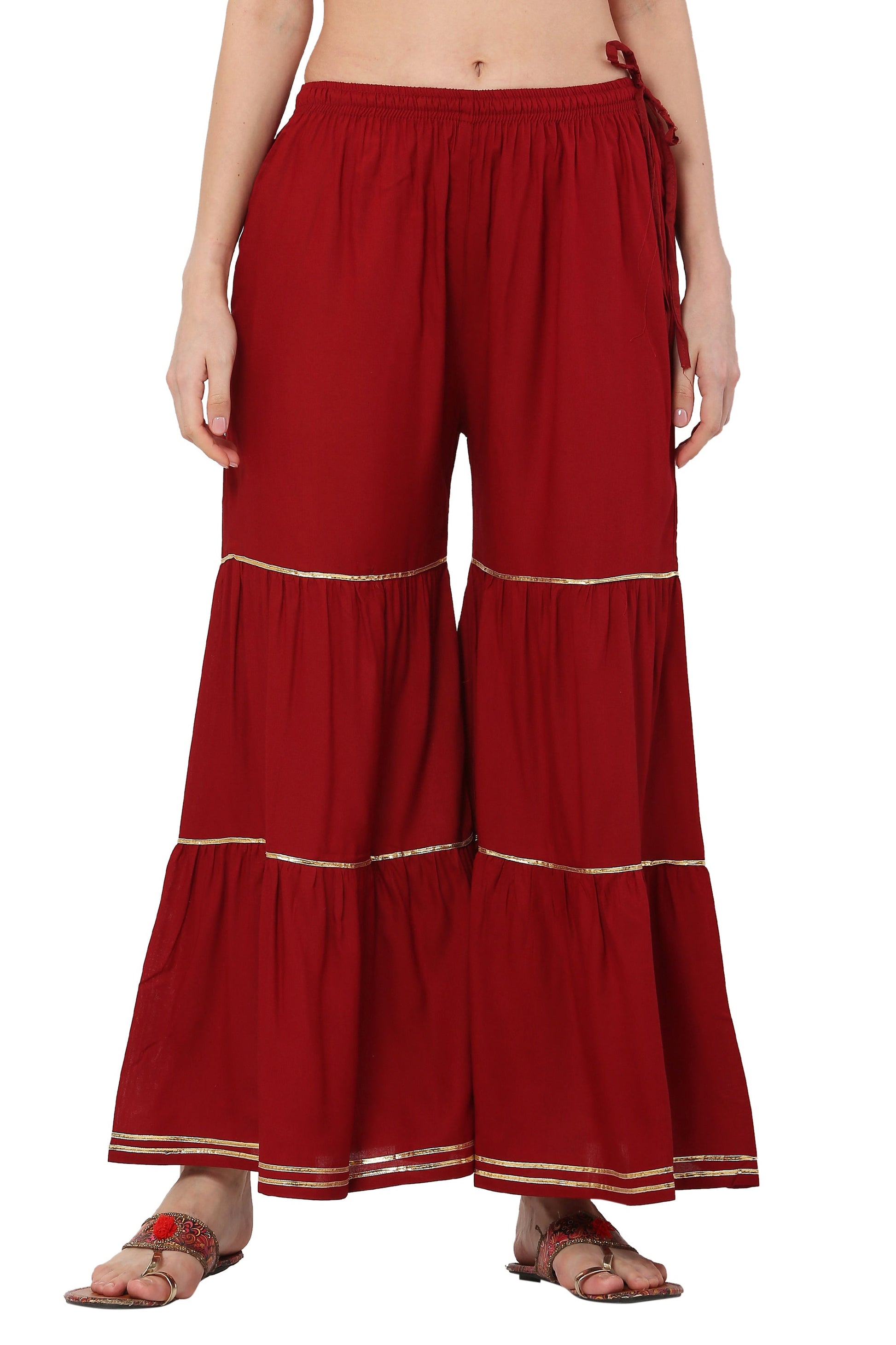 PAVONINE Maroon Color 3-Panels Golden Gota Flared Sharara For Women