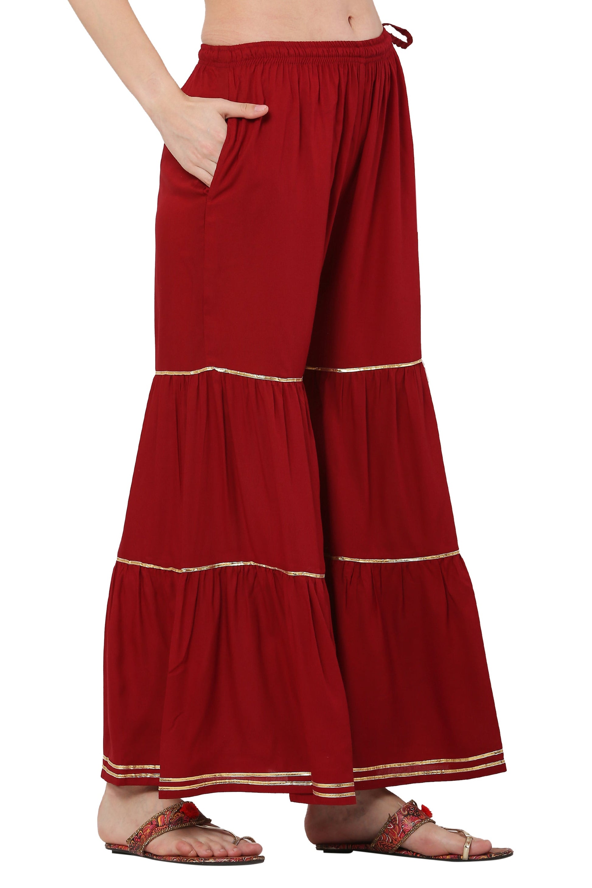 PAVONINE Maroon Color 3-Panels Golden Gota Flared Sharara For Women
