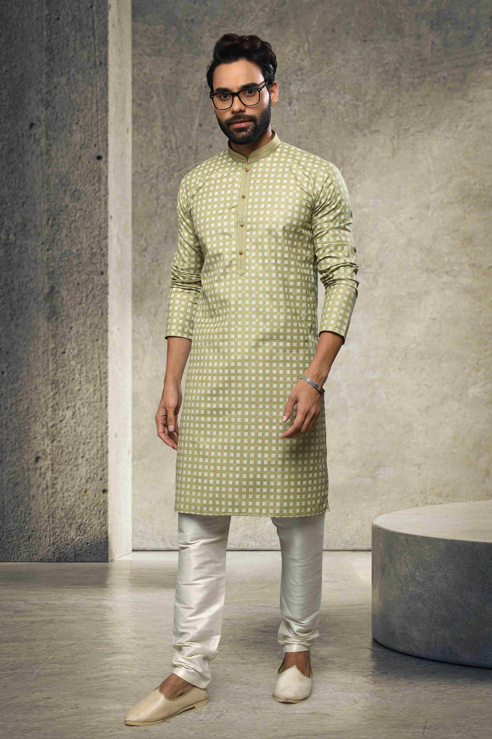 Raivat Ethnic Cotton Printed Work Kurta Pajama In Light Green Colour