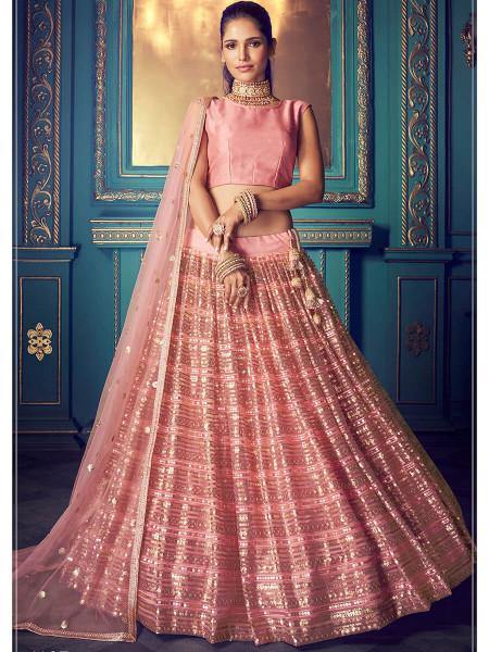 Myra Pink Heavy Embroidered Net Lehenga - Grab2buy