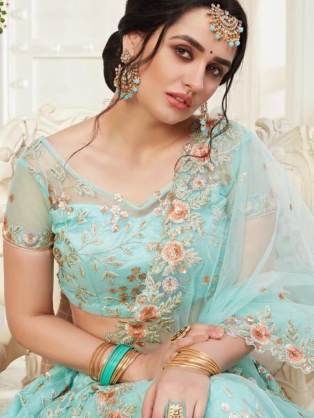 Myra Baby Blue Heavy Embroidered Net Lehenga