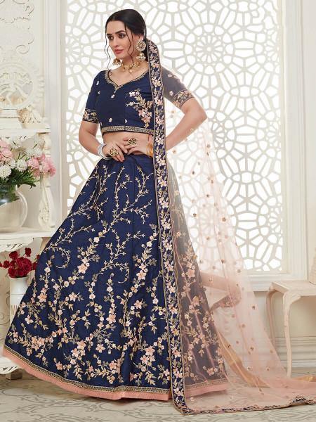 Myra Navy Blue Mulberry Embroidered Lehenga