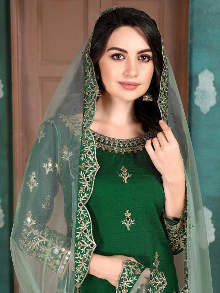 Myra Beautiful Green Art Silk Embroidered Patiyala Suit