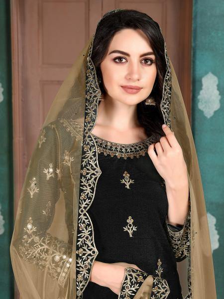 Myra Black Art Silk Embroidered Beautiful Patiyala Suit