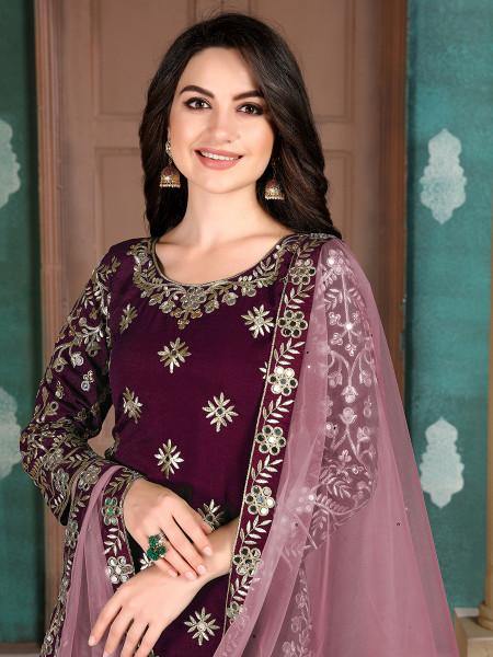 Myra Wine Art Silk Embroidered Patiala Suit