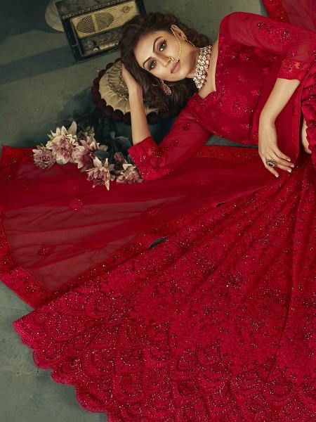 Myra Beautiful Red Heavy Embroidered Net Bridal Lehenga