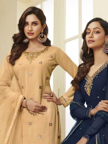 Myra Mustard Yellow Georgette Embroidered Palazzo Suit