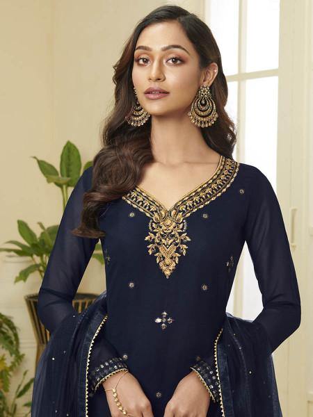 Myra Navy Blue Georgette Embroidered Palazzo Suit
