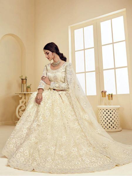Myra Beautiful Off White Heavy Embroidered Net Bridal Lehenga