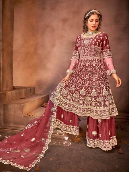 Myra Maroon Embroidered Gharara Suit