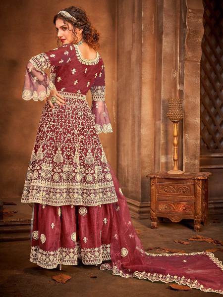 Myra Maroon Embroidered Gharara Suit