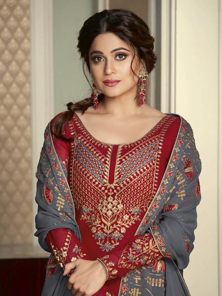 Myra Maroon and Grey Georgette Embroidered Gharara Suit