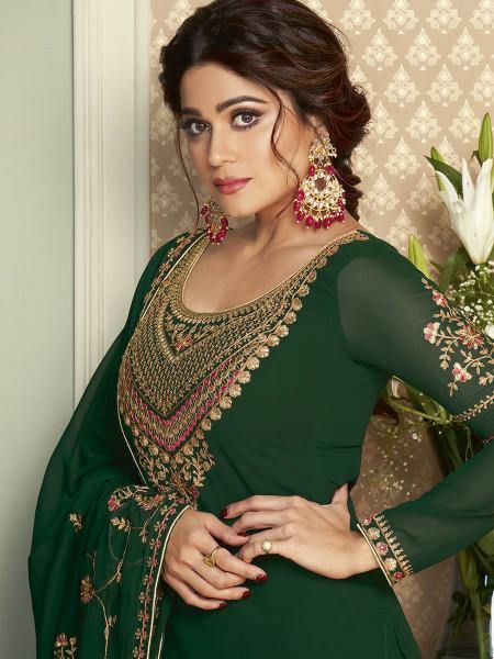 Myra Green and Gold Georgette Embroidered Gharara Suit