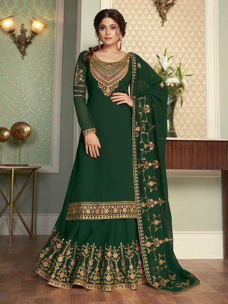 Myra Green and Gold Georgette Embroidered Gharara Suit