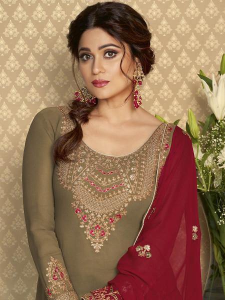 Myra Brown and Maroon Georgette Embroidered Gharara Suit