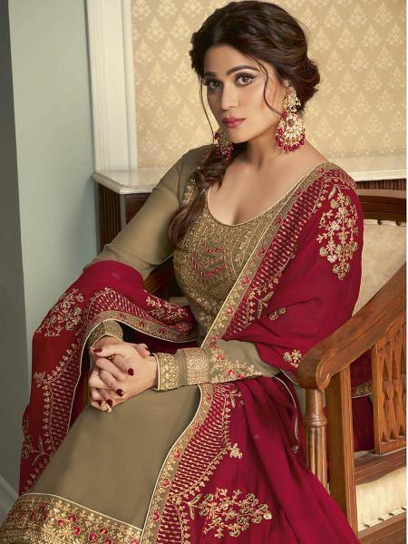 Myra Brown and Maroon Georgette Embroidered Gharara Suit