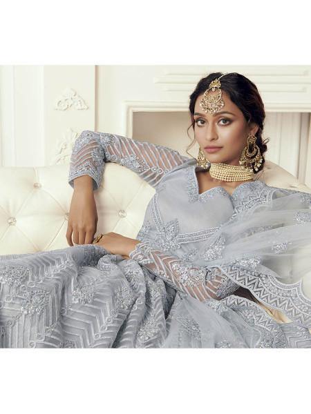 Myra Dusty Sea Blue Heavy Embroidered Net Bridal Lehenga
