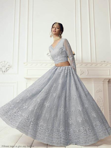 Myra Dusty Sea Blue Heavy Embroidered Net Bridal Lehenga