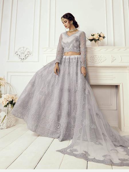 Myra Grey Heavy Embroidered Net Bridal Lehenga