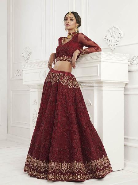 Myra Maroon Heavy Embroidered Net Bridal Lehenga