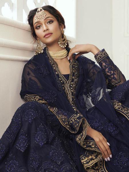 Myra Navy Blue Heavy Embroidered Net Bridal Lehenga