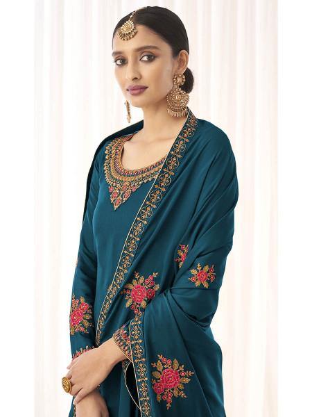 Myra Blue Georgette Embroidered Palazzo Suit