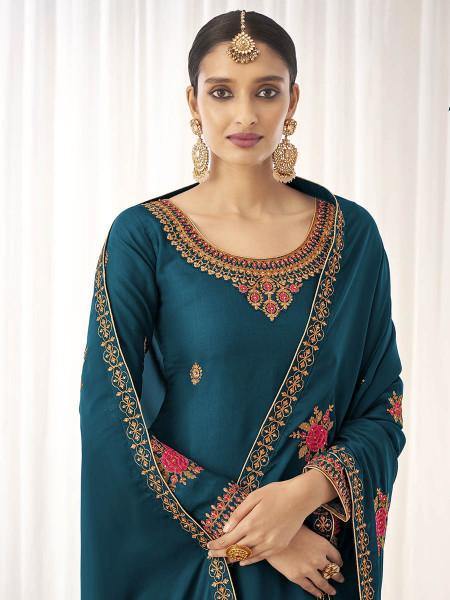 Myra Blue Georgette Embroidered Palazzo Suit