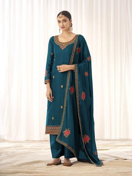 Myra Blue Georgette Embroidered Palazzo Suit