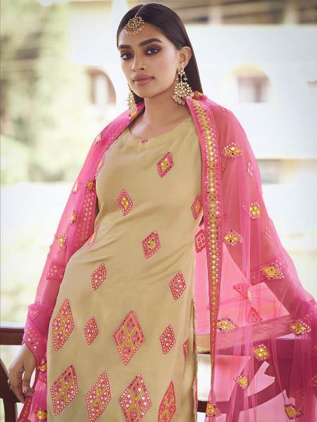 Myra Beige and Pink Heavy Embroidered Gharara Suit