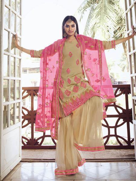 Myra Beige and Pink Heavy Embroidered Gharara Suit