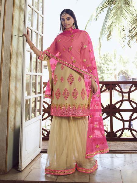 Myra Beige and Pink Heavy Embroidered Gharara Suit