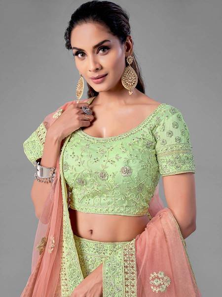 Myra Beautiful Pista Heavy Embroidered Soft Net Traditional Bridal Lehenga