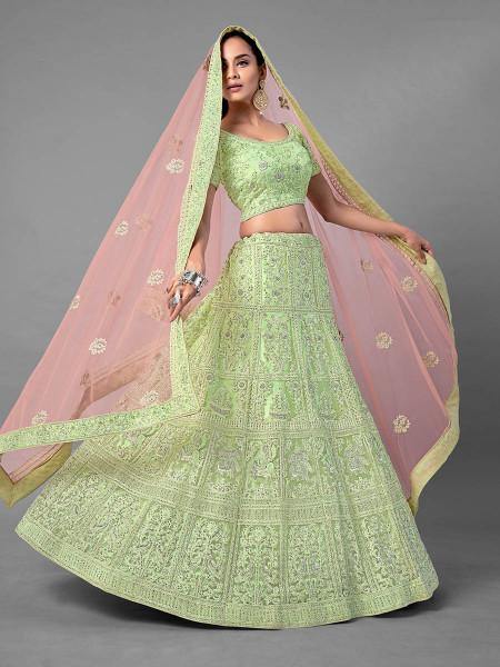 Myra Beautiful Pista Heavy Embroidered Soft Net Traditional Bridal Lehenga