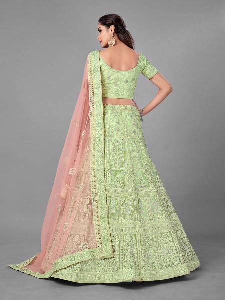 Myra Beautiful Pista Heavy Embroidered Soft Net Traditional Bridal Lehenga
