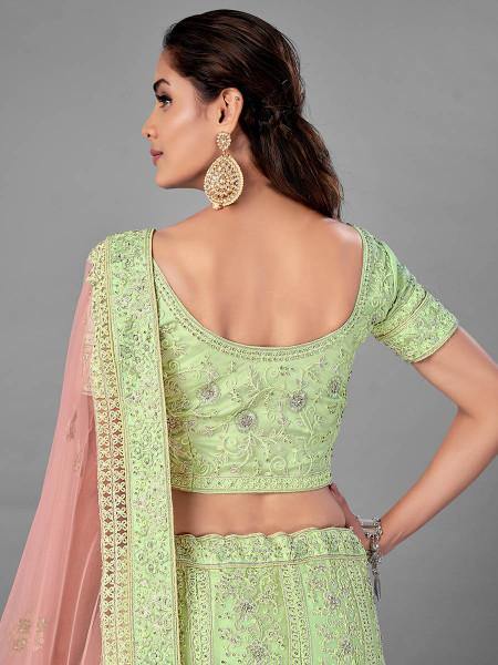 Myra Beautiful Pista Heavy Embroidered Soft Net Traditional Bridal Lehenga