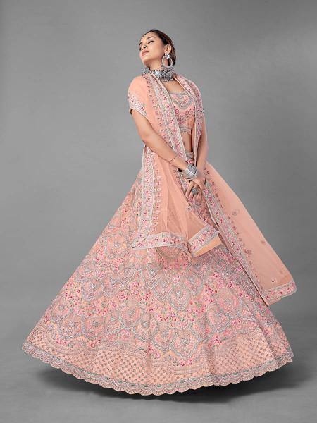 Myra Peach Heavy Embroidered Soft Net Bridal Lehenga For Women