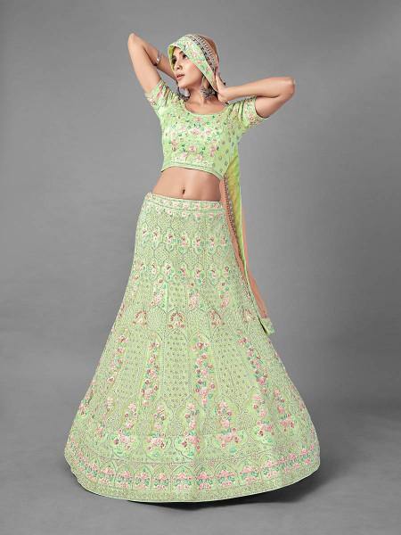 Myra Bridal Lehenga in Pista Heavy Embroidered Soft Net