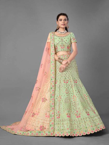 Myra Beautiful Pista Heavy Embroidered Art Silk Bridal Lehenga