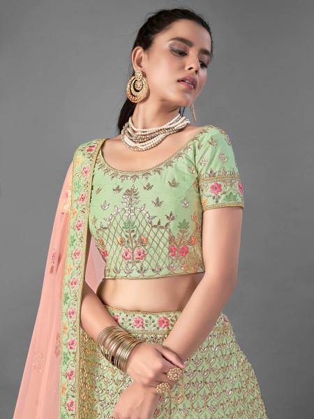 Myra Beautiful Pista Heavy Embroidered Art Silk Bridal Lehenga